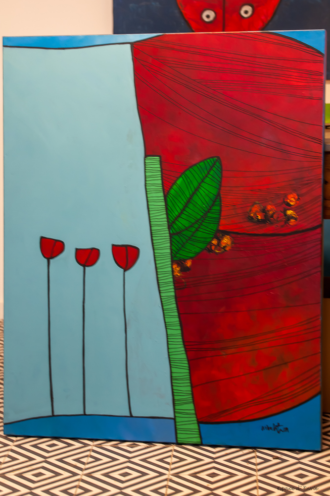 Peinture Acrylique sur toile trois fleurs rouge 100x80 cm